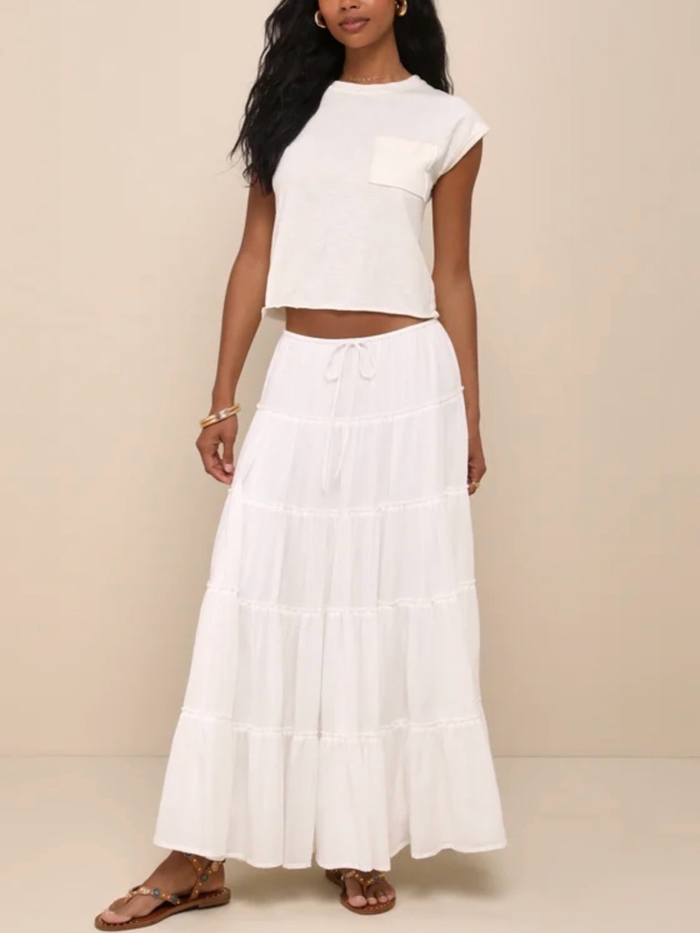 Lulu's White Tiered Drawstring Maxi Skirt